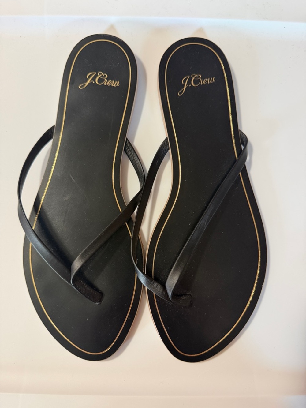 J. Crew Black Leather Capri Flip Flop Sandals with Gold Trim